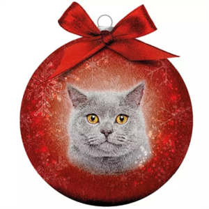 Plenty gifts kerstbal frosted grijze kat rood 10 cm